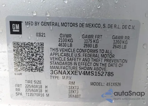 2021 Chevrolet Equinox Awd Premier из США, поврежденный, VIN 3GNAXXEV4MS152785